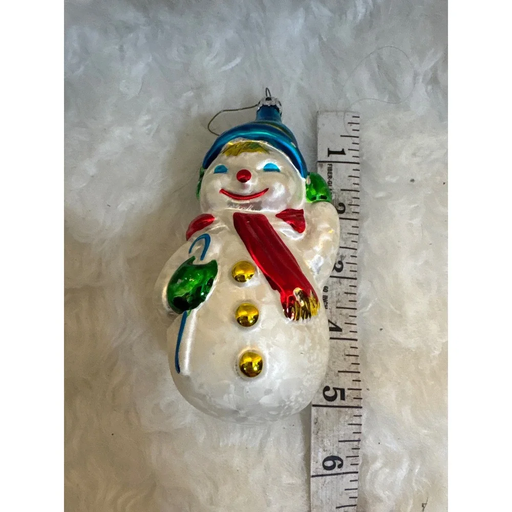 Radko Vintage Glass Snowman Christmas Ornament Blue Hat Red Scarf 5 Inch